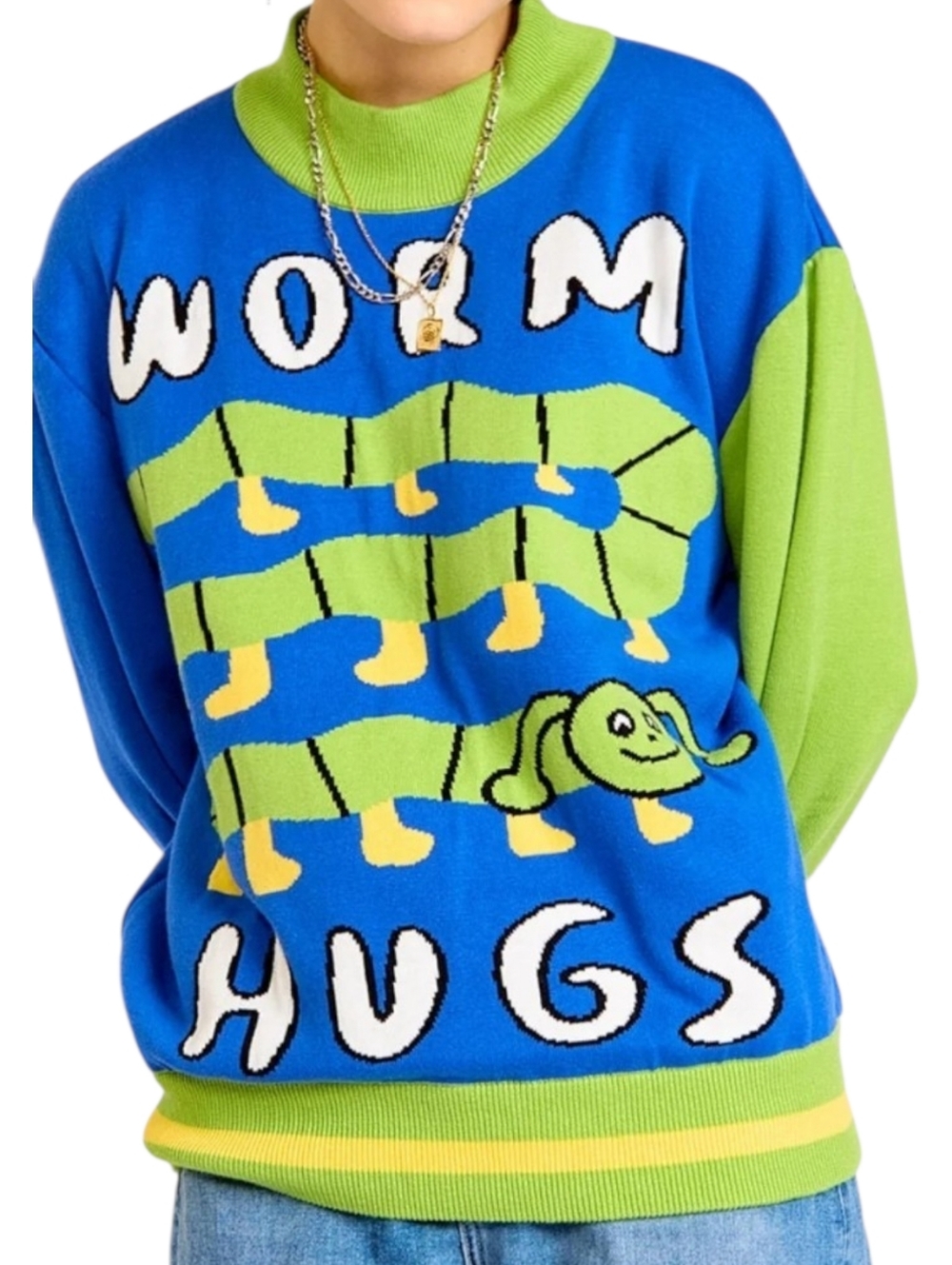 KINA & TAM green and blue worm hugs mock neck graphic sweater M